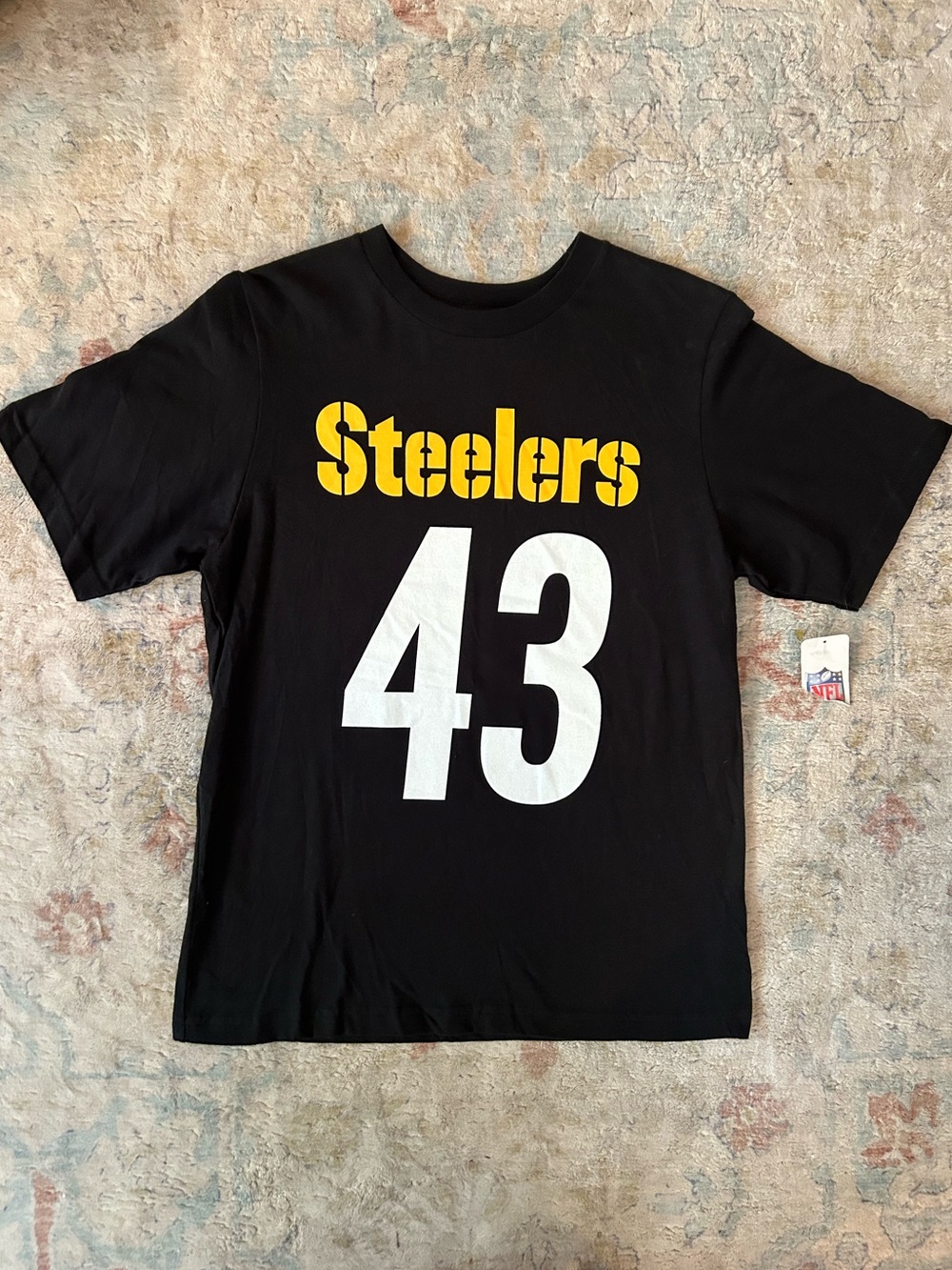 NFL Black Steelers Tee with Yellow Team Name, Polamalu and White Number 43